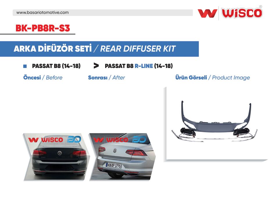 VW PASSAT B8 R-LINE 14-18 (14-18 PASSAT B8 ICIN UYUMLUDUR)TAMPON DIFUZOR SETI (ENJEKSIYON URETIMI 1. KALITE)
