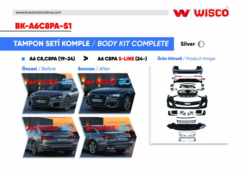 AUDI A6 C8 S-LINE 19-24 (19-24 ARASI A6 SEDAN ICIN UYUMLUDUR)TAMPON SETI KOMPLE (ON-ARKA) OEM SILVER