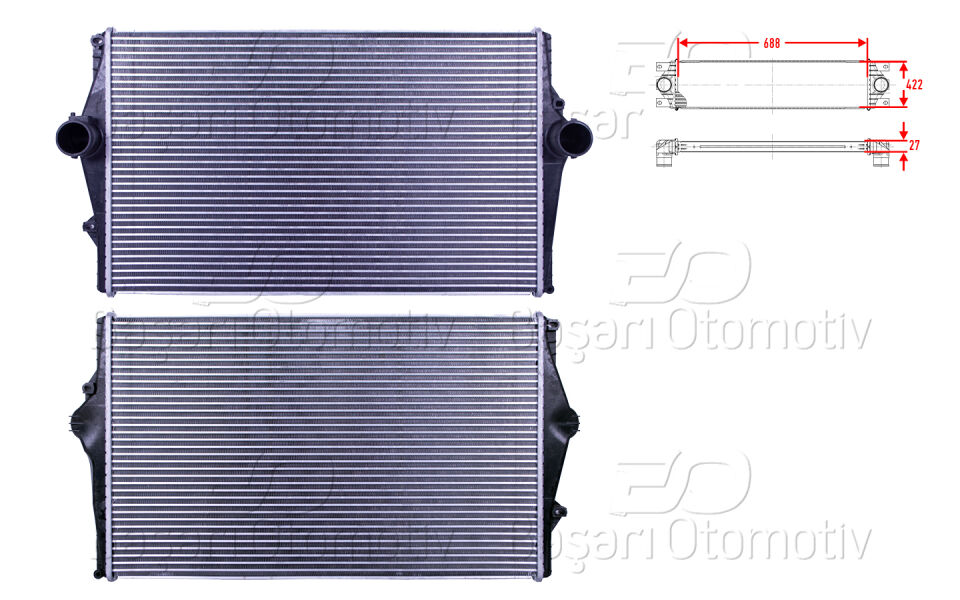 VOLVO S60 1 2.0 T - 2.4 D5 - 2.4 T5 00-10/ S80 1 2.0 T - 2.4 D5 - 2.8 T6 98-06/ V70 2 2.4 D5 00-07/ XC70 2 2.4 D5 97-07TURBO RADYATORU (INTERCOOLER) 688X422X27