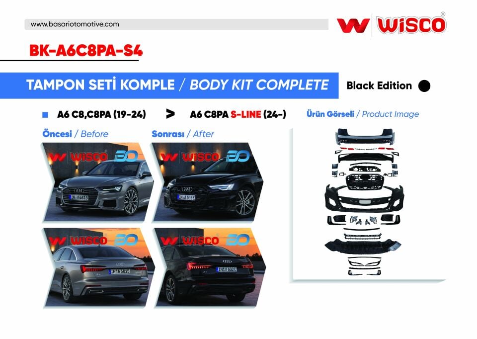 AUDI A6 C8 S-LINE 19-24 (19-24 ARASI A6 SEDAN ICIN UYUMLUDUR)TAMPON SETI KOMPLE (ON-ARKA) BLACK EDITION