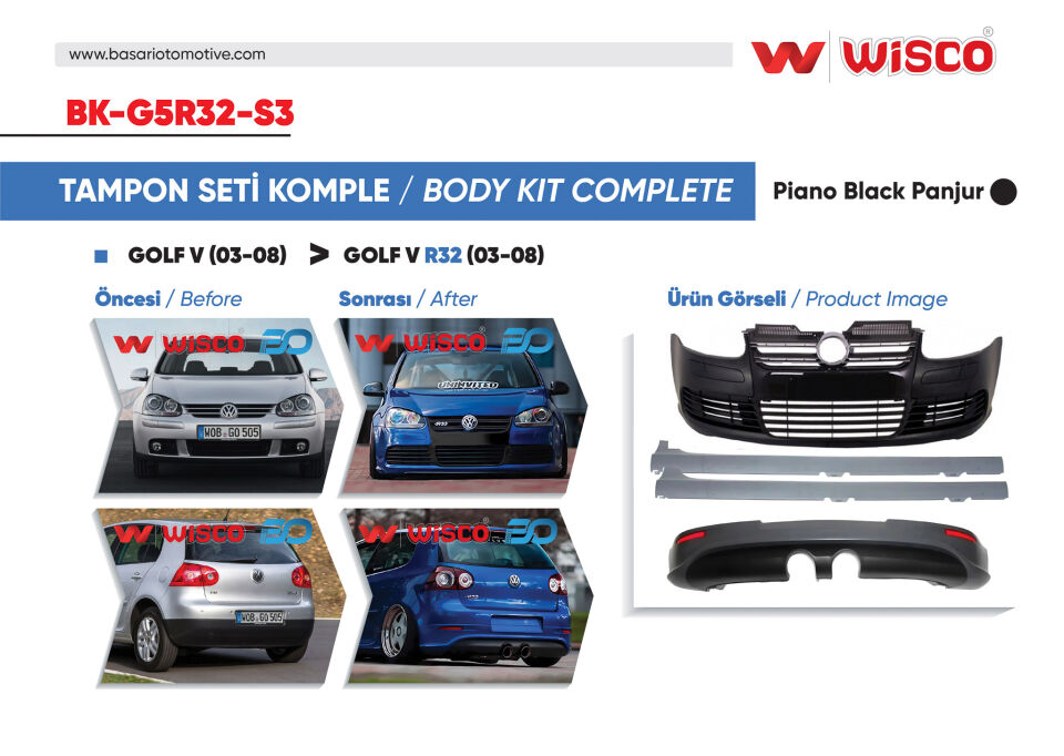 VW GOLF 5 R32 04-08TAMPON SETI KOMPLE (ON-ARKA-YAN) PAR. SIYAH PANJUR