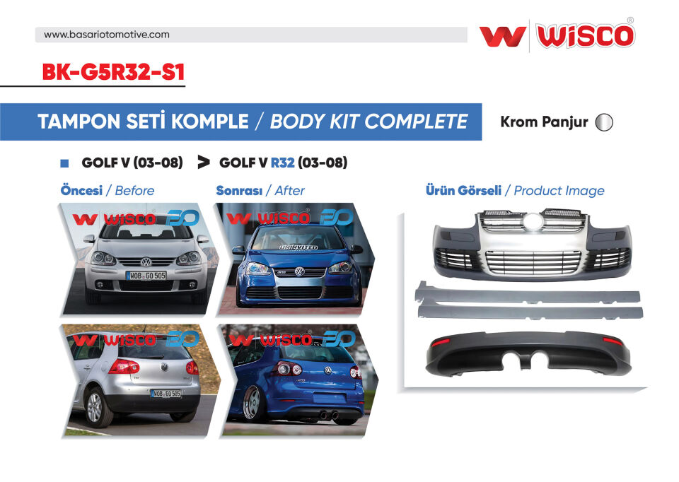 VW GOLF 5 R32 04-08TAMPON SETI KOMPLE (ON-ARKA-YAN) KROM PANJURLU